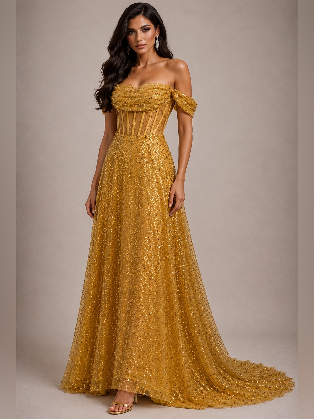 Golden Pearl & Sequin Corset Gown ✨ Off Shoulder Formal Dress NWT